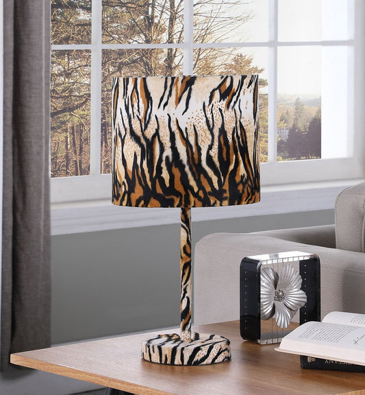 19.25-Inch Metal Table Lamp with Faux Suede Drum Shade, E26 Socket, 60W Max, LED Compatible, Tiger Print