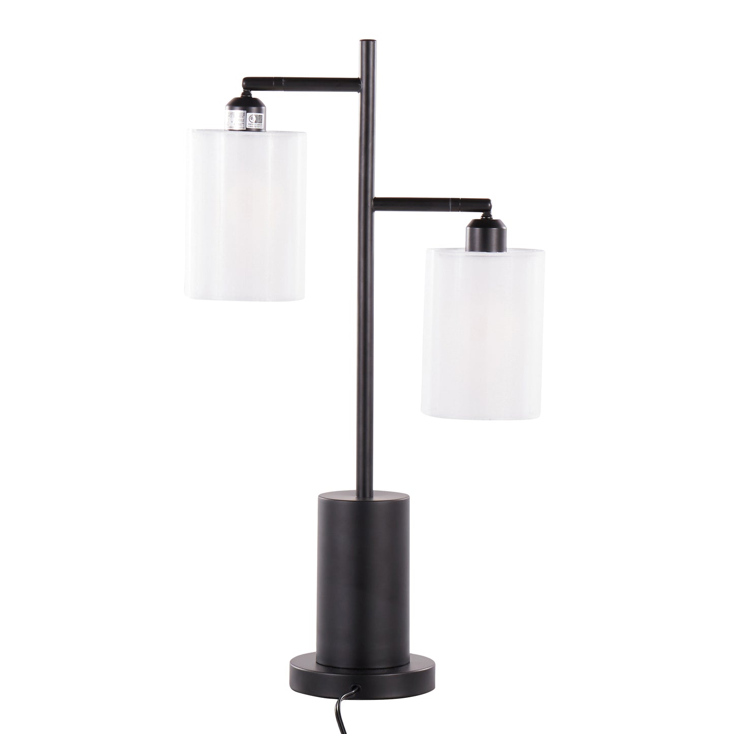Contemporary Two-Light Table Lamp with Adjustable Heads, White Drum Shades, 2 LED Bulbs, Indoor, Black