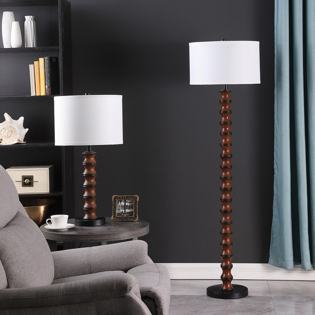 27.5-Inch Modern Coastal Table Lamp with Polyresin Body, Black Metal Base, White Drum Shade, Dark Cherry