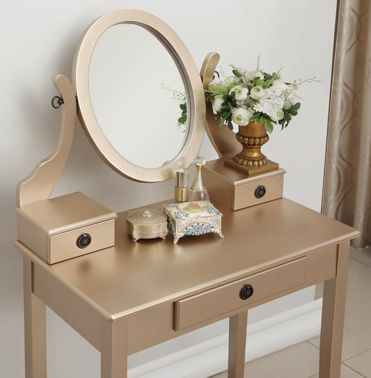 Wood Makeup Vanity Table and Stool Set for Bedroom, Contemporary Style with Storage Drawer, Gold