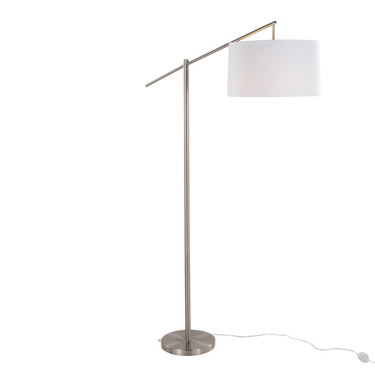 69-Inch Contemporary Metal Floor Lamp with Angled Arm, Off-White Linen Drum Shade, 60W, Brushed Nickel