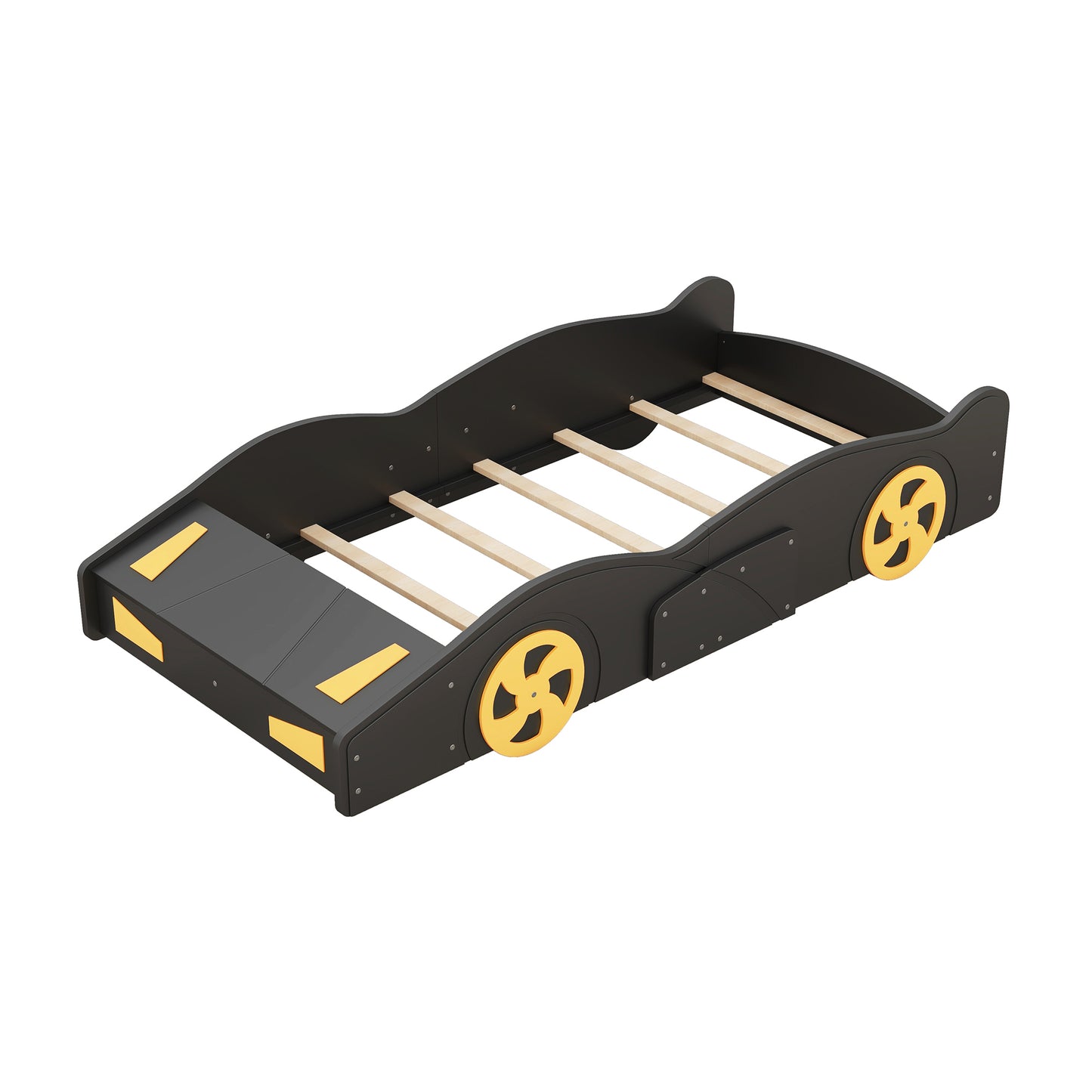 Twin Size Race Car Platform Bed with Storage and Wheels in Black and Yellow