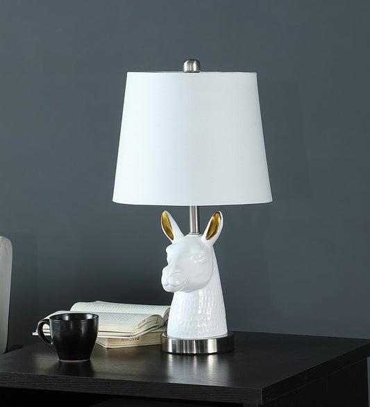 Table Lamp with Llama Bust, 20.5-Inch Tall, Polyresin Bust, Cotton/Linen Shade, Metal Base, White