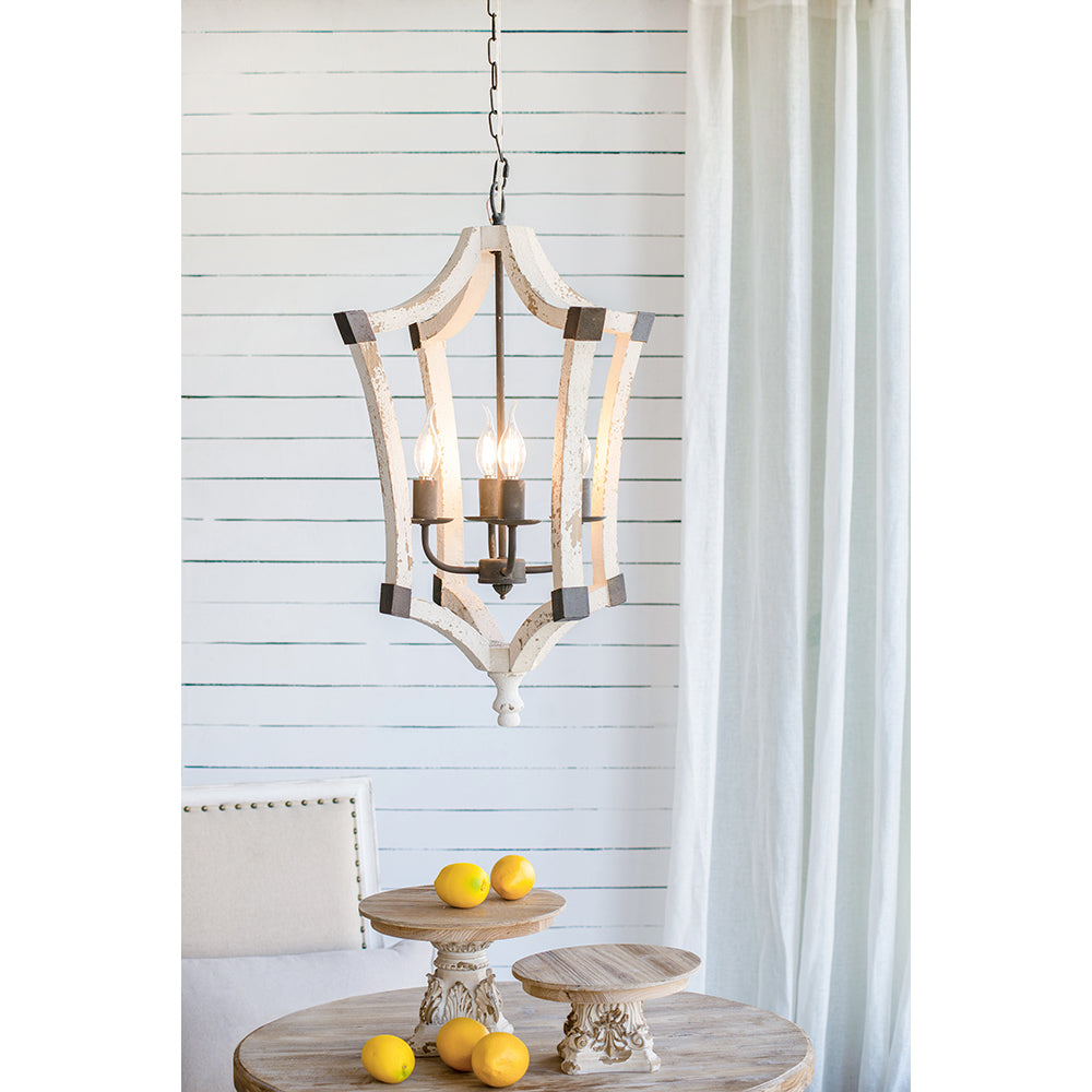 Four-Light Wood Chandelier with Adjustable Chain for Kitchen, Foyer, 18in Wide, Bulbs Not Included, Cream