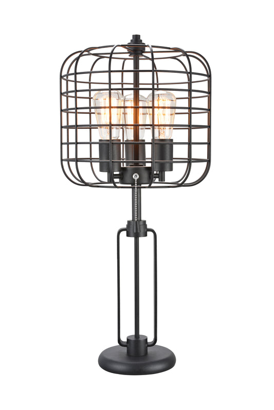 Industrial Wire Cage Table Lamp, 26.5 in Tall, 15x15 Base, USB, Pull Chain, Edison Bulb, 25W Max, Black