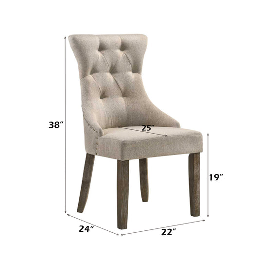 Dining Room Side Chair Set of 2 - Tufted High-Back, Nailhead Trim, Wood Legs, 24x22x38in - Beige and Gray