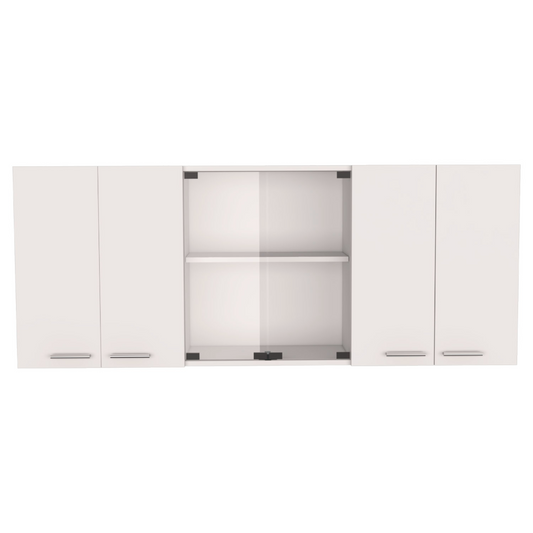 White Wall Cabinet with Four Doors, Two Glass Doors, and Internal Shelves, 24" H