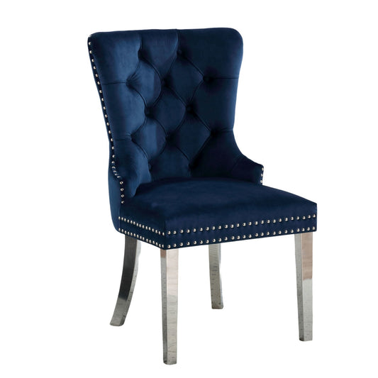 2-Piece Wingback Dining Chairs, Button-Tufted Upholstery, Solid Wood Frame, Chrome Legs - Blue
