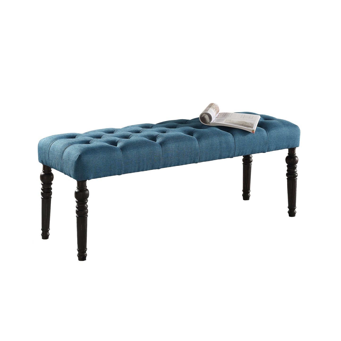 Solid Wood Dining Bench with Turned Legs, Button-Tufted Fabric Seat, 48W x 16D x 19.5H, Dining Room Seating, Blue