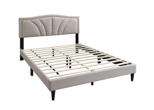 Chic Vintage Queen Bed with Light Brown Burlap Fabric and Nailhead Trim Headboard