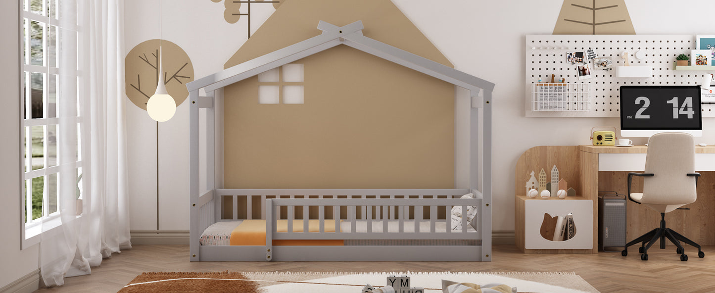 Whimsical Twin Wooden House Bed Frame with Fenced Design for Kids and Teens - Gray