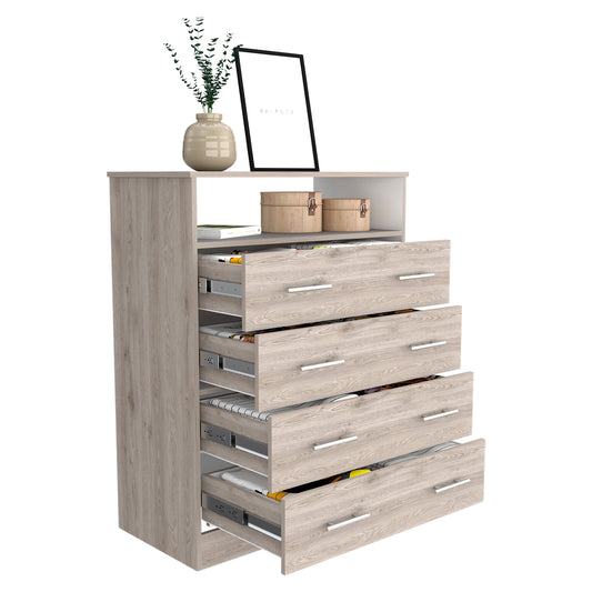 Contemporary Light Gray and White Four Drawer Dresser for Bedroom Storage