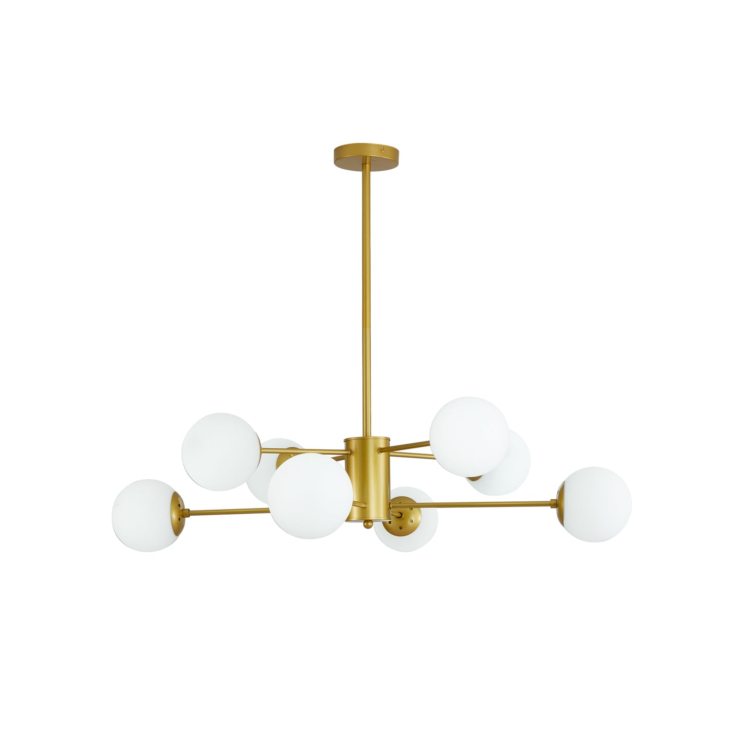 8-Light Modern Chandelier with White Glass Globes, Mid-Century Branching Iron Frame Ceiling Fixture Gold