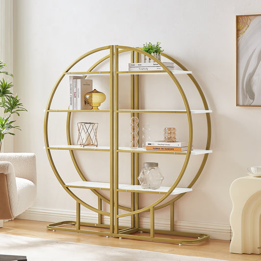 Modern 4-Tier Round Open Bookshelf with Gold Metal Frame and Adjustable Placement Options