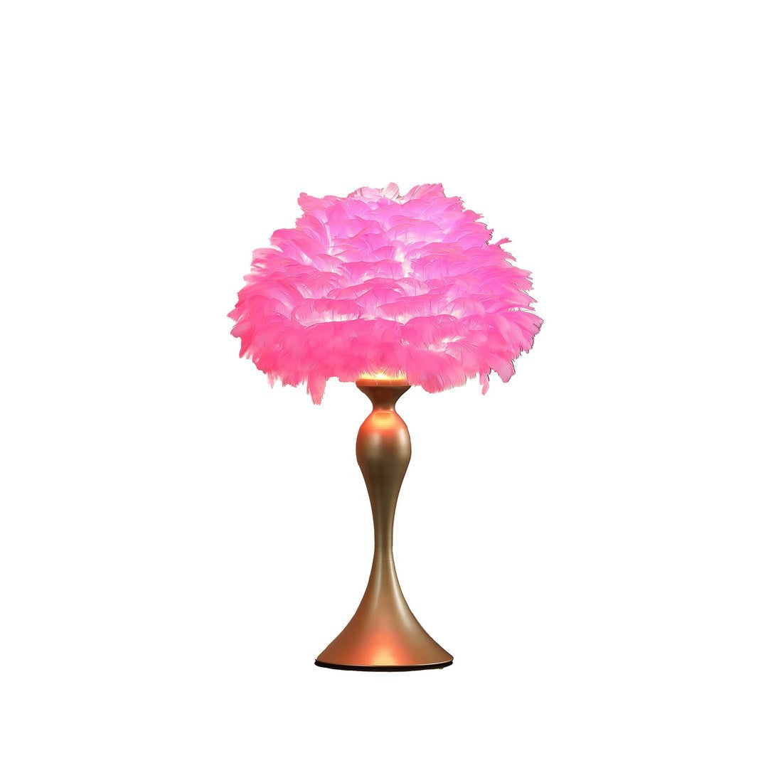 Glam Table Lamp, Satin Gold Contour Candlestick, 23.5in Tall, Feather Shade 15.5in, 40W E26, Hot Pink