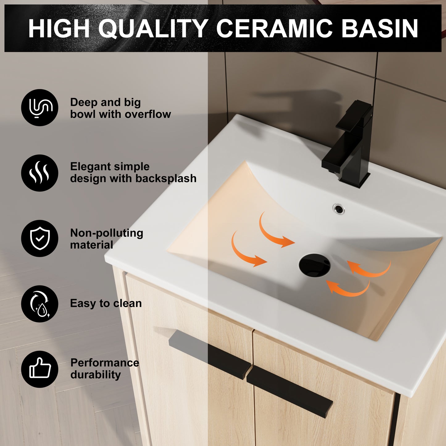 24-Inch Oak Bathroom Vanity with Ceramic Basin and Storage Cabinet