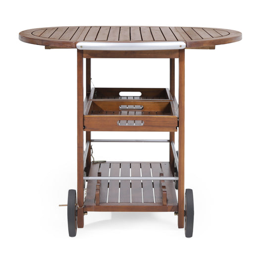 Tillary Drop Leaf Outdoor Bar Cart With Wine Rack Oak Finish