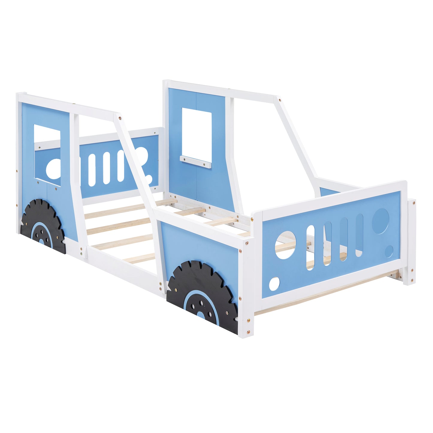 Blue Twin Size Car-Themed Platform Bed with Wheels
