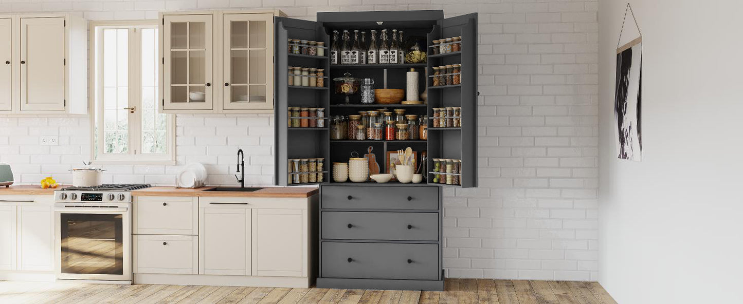 Tall Gray Farmhouse Kitchen Pantry Cabinet with Adjustable Shelves, Drawers, and Door Storage Solutions