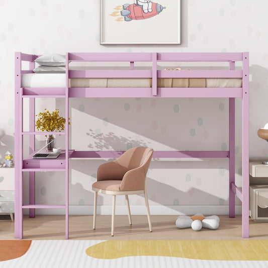 Pink Twin High Loft Bed with Built-in Desk and Safety Guardrails - Rubber Wood Design