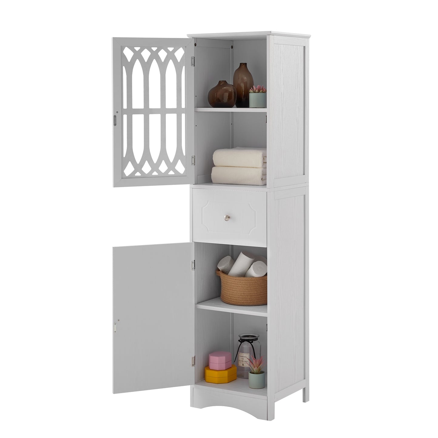 Sleek White Freestanding Bathroom Storage Cabinet with Adjustable Shelves and Drawer