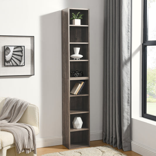 Slim 8-Tier Media Storage Tower with Adjustable Shelves, Tall Narrow Bookshelf for Home Office Use, Versatile Double-Decker Bookcase