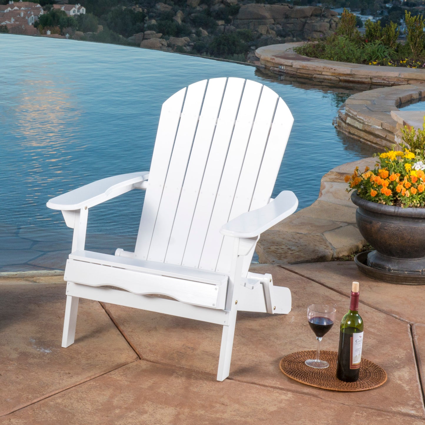 Outdoor Acacia Wood Adirondack Chair For Patio Or Deck With Comfortable Slatted Back And Armrests 37 Inch Length White
