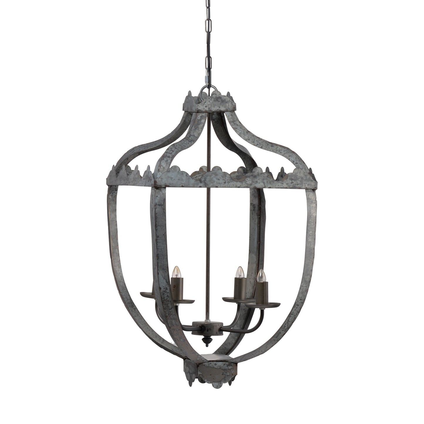 Four-Light Iron Chandelier with Adjustable Chain for Kitchen or Dining — 15.7in Square, Gray Rustic Finish