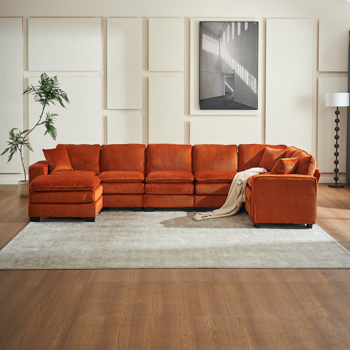 U-shaped 6-seat sectional sofa with ottoman, 3 toss pillows, corduroy upholstery, modular sofa Orange