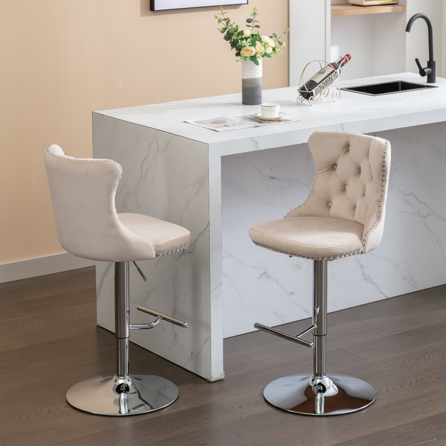 Swivel Velvet Bar Stools Adjustable Height Beige Chrome Base