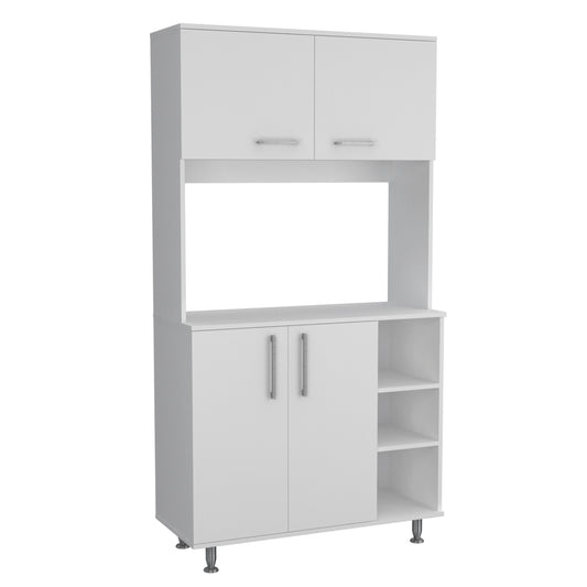 Modern White Freestanding Double Door Pantry Cabinet with Adjustable Legs and Open Shelving