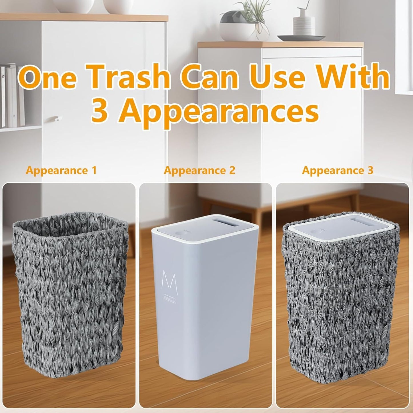 Bathroom Small Trash Can with Lid,2.6 Gallon Small Rattan Garbage Can with Press Top Lid,Double-Deck Slim Wicker Wastebasket Trash Can for Bathroom,Kitchen,Office,Living Room,Bedroom-Gray