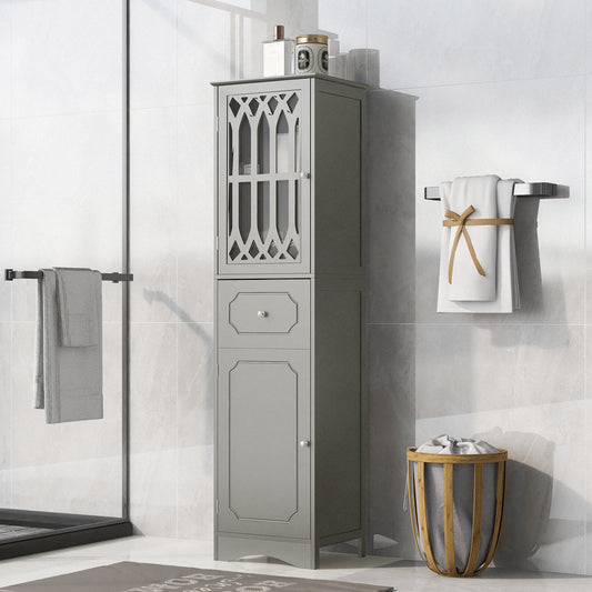 Sleek Grey Freestanding Bathroom Storage Cabinet with Adjustable Shelves and Acrylic Doors