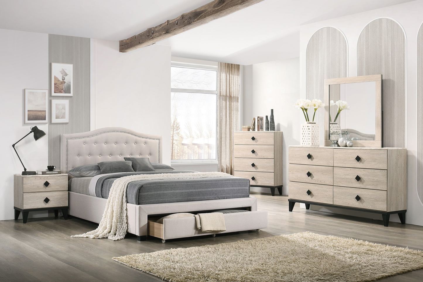 Elegant Light Brown Burlap Upholstered Queen Bed Frame with Storage Drawer & Button Tufted Arch Headboard