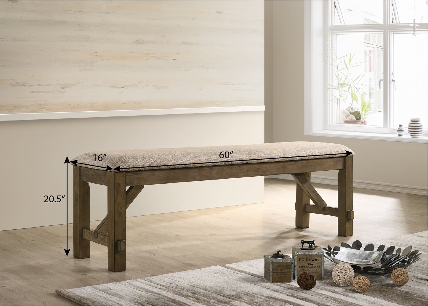 60-Inch Rubberwood Farmhouse Bench, Foam-Padded Upholstery, 200 lb Capacity, Dining or Entryway – Tan