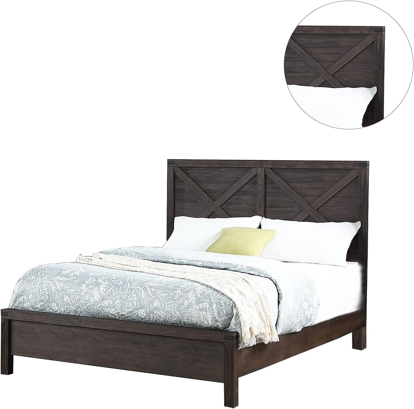 Rustic Elegance Queen Size Bed with Unique X-Design Headboard - Espresso Wooden Bedroom Furniture