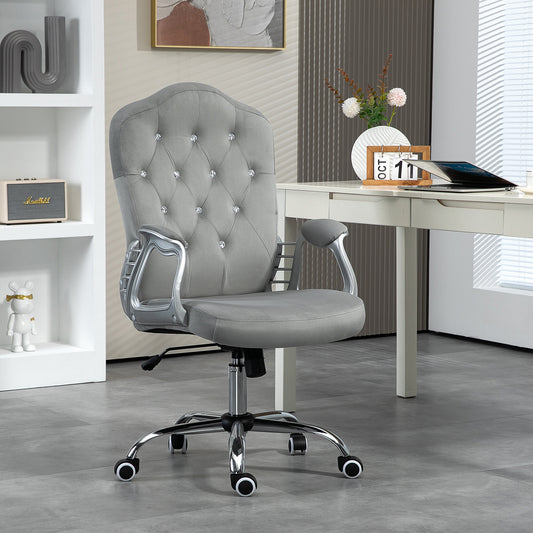 Velvet Tufted Swivel Office Chair with Adjustable Height and Tilt Function in Light Gray