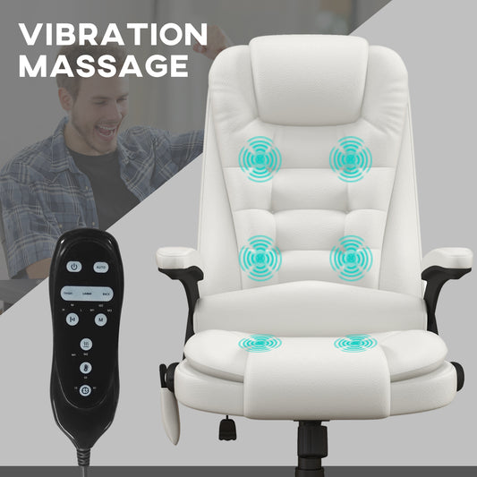 Ergonomic High Back Massage Office Chair with Heated Recline and Remote Control, White PU Leather