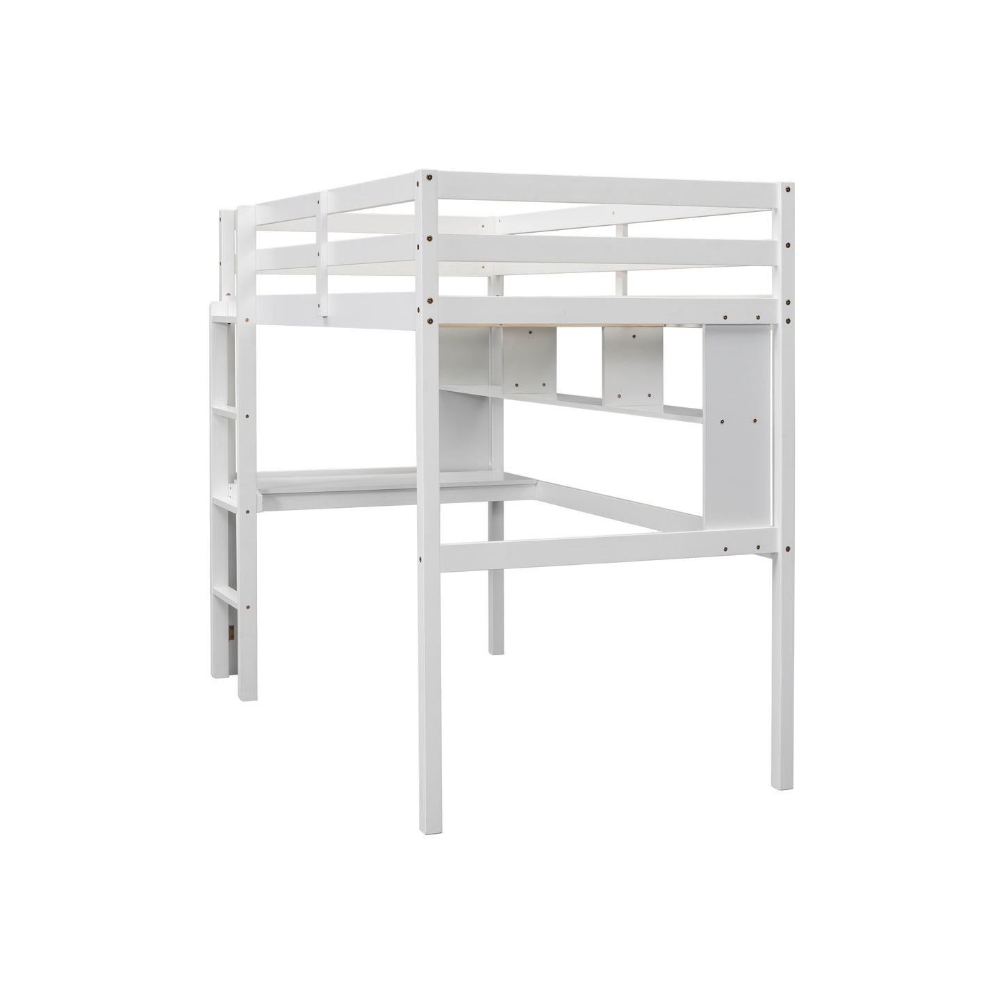 Twin Loft Bed with Integrated Desk and Shelves, Safety Guardrails, and Ladder in White
