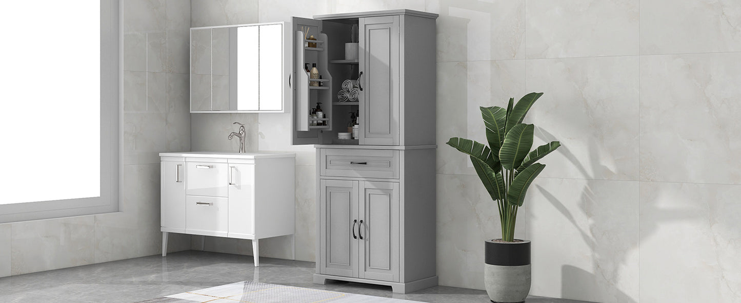 Tall Grey MDF Bathroom Storage Cabinet with Adjustable Shelf and Multiple Storage Solutions