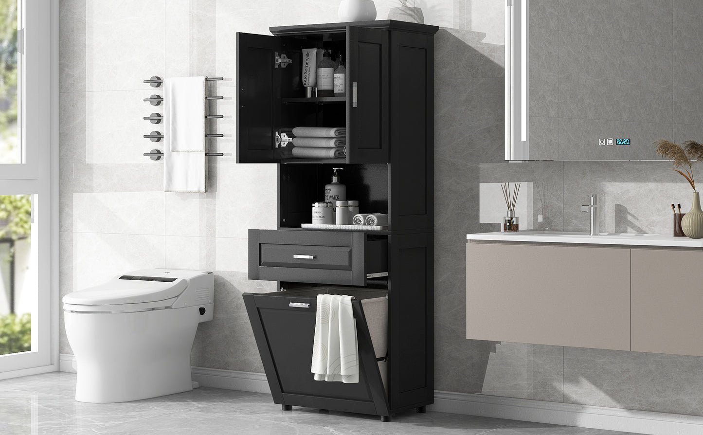 Stylish Tall Black Bathroom Storage Cabinet with Removable Laundry Basket and Ample Organizing Space