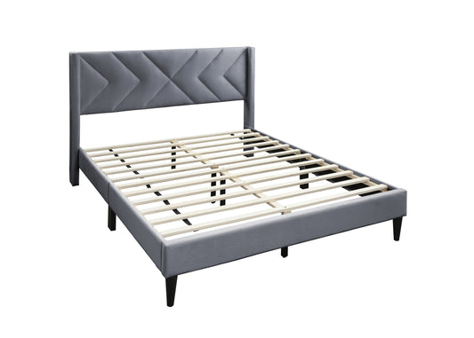 Stylish Gray Velvet Queen Bed Frame with Geometric Headboard – Modern Upholstered Design