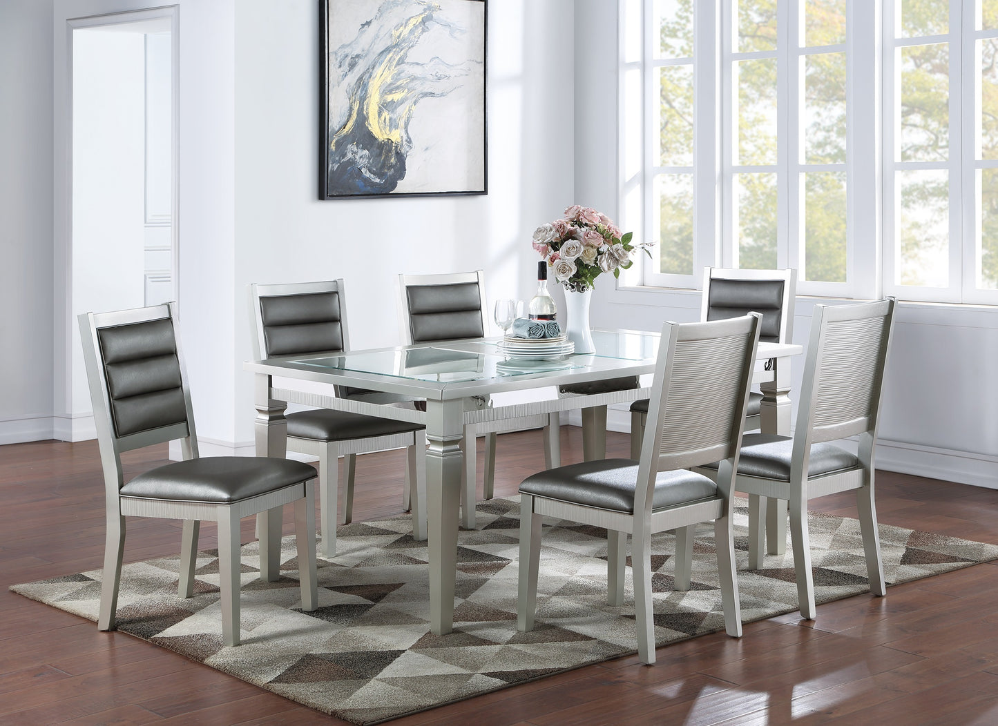 Set of 2 Faux Leather Dining Chairs, Cushioned Seats, Tufted Back, Rubberwood Frame, 18x23x39 in Silver