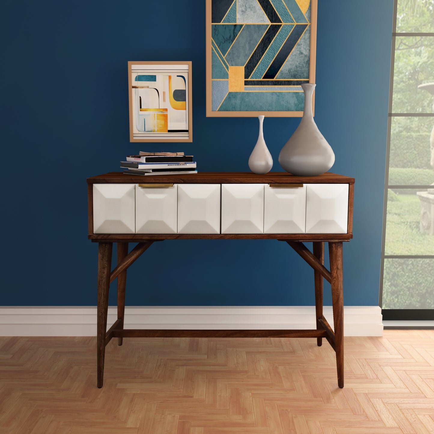 36-Inch Acacia Console Table with Dovetail Drawers, Quiet-Glide, Brass Pulls, Legs Burnished Walnut