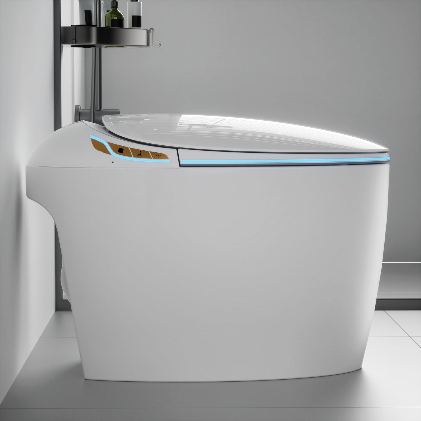 Advanced Intelligent One-Piece Smart Toilet with Integrated Bidet, Automatic Open/Close Seat, Foot Sensor Activation, LED Control Panel, Night Light, Warm Water Cleaning, and Air Drying – Modern White Design for Luxury Bathrooms