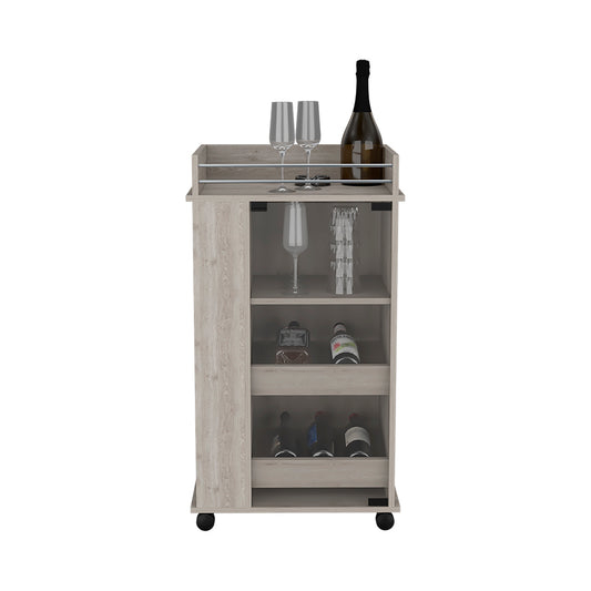 Light Gray Bar Cart With Glass Door And Dual Shelves