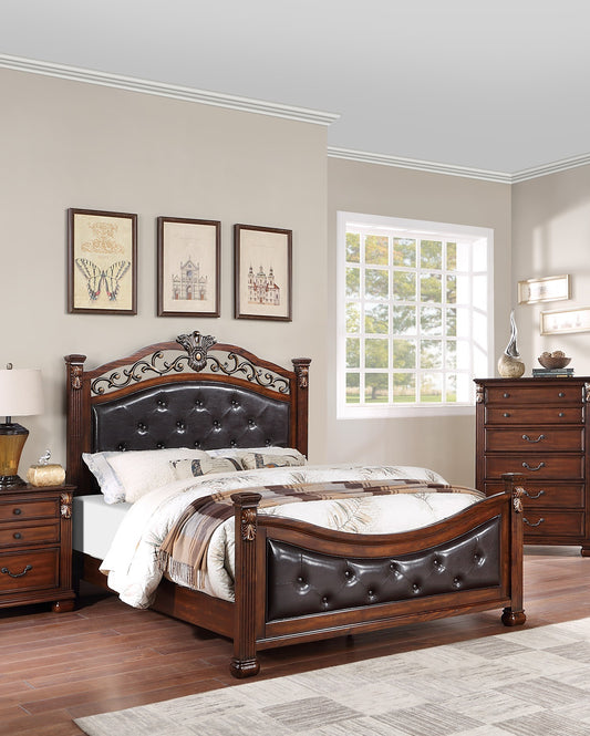 Elegant Dark Cherry Queen Size Bed with Tufted Faux Leather Headboard and Footboard