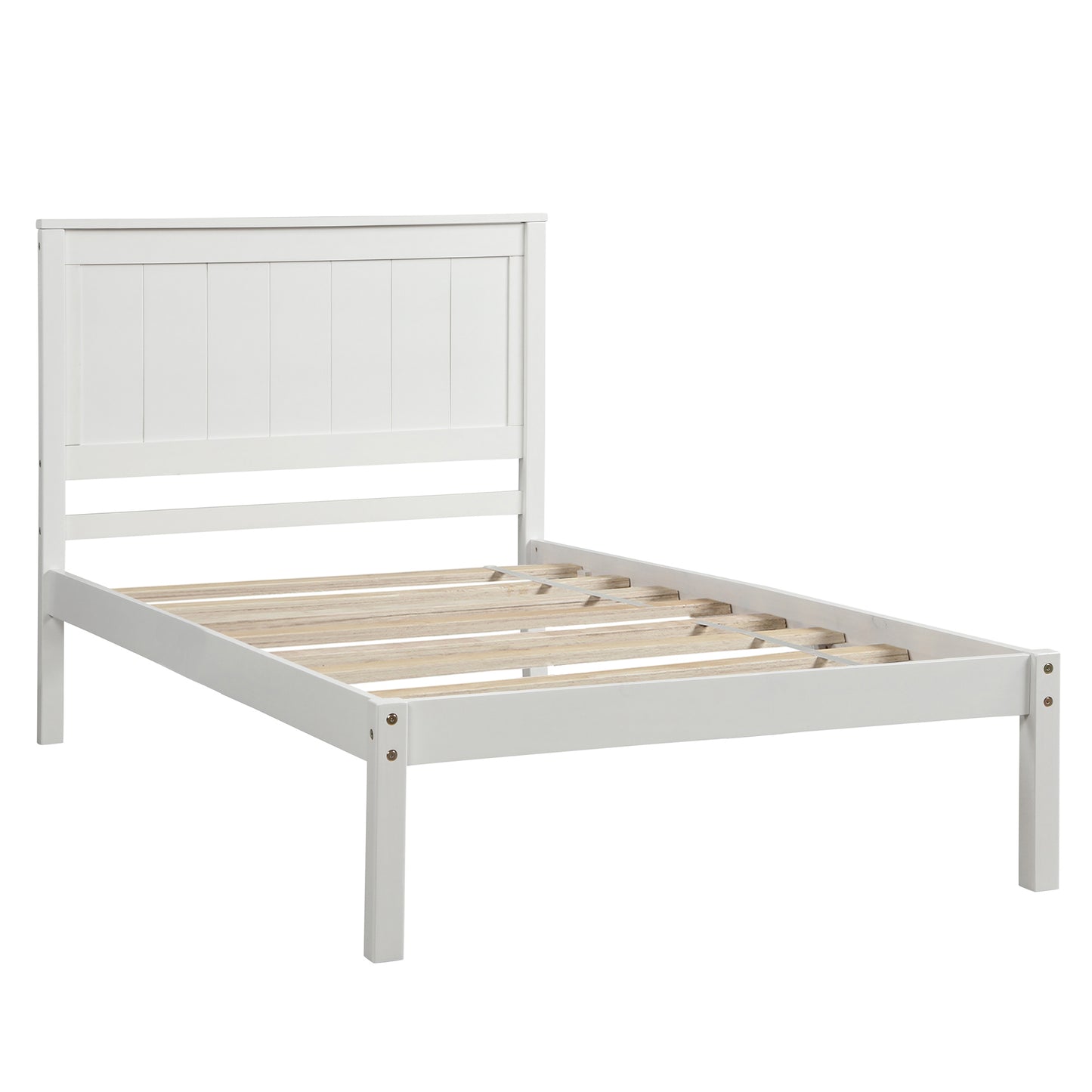Modern Twin Platform Bed Frame with Rustic Headboard and Wood Slat Support, No Box Spring Required, White