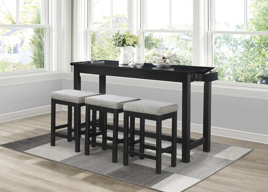 4-Piece Counter Height Dining Set with USB Ports, Drawer, Rect Table & 3 Stools, Durable Wood Black