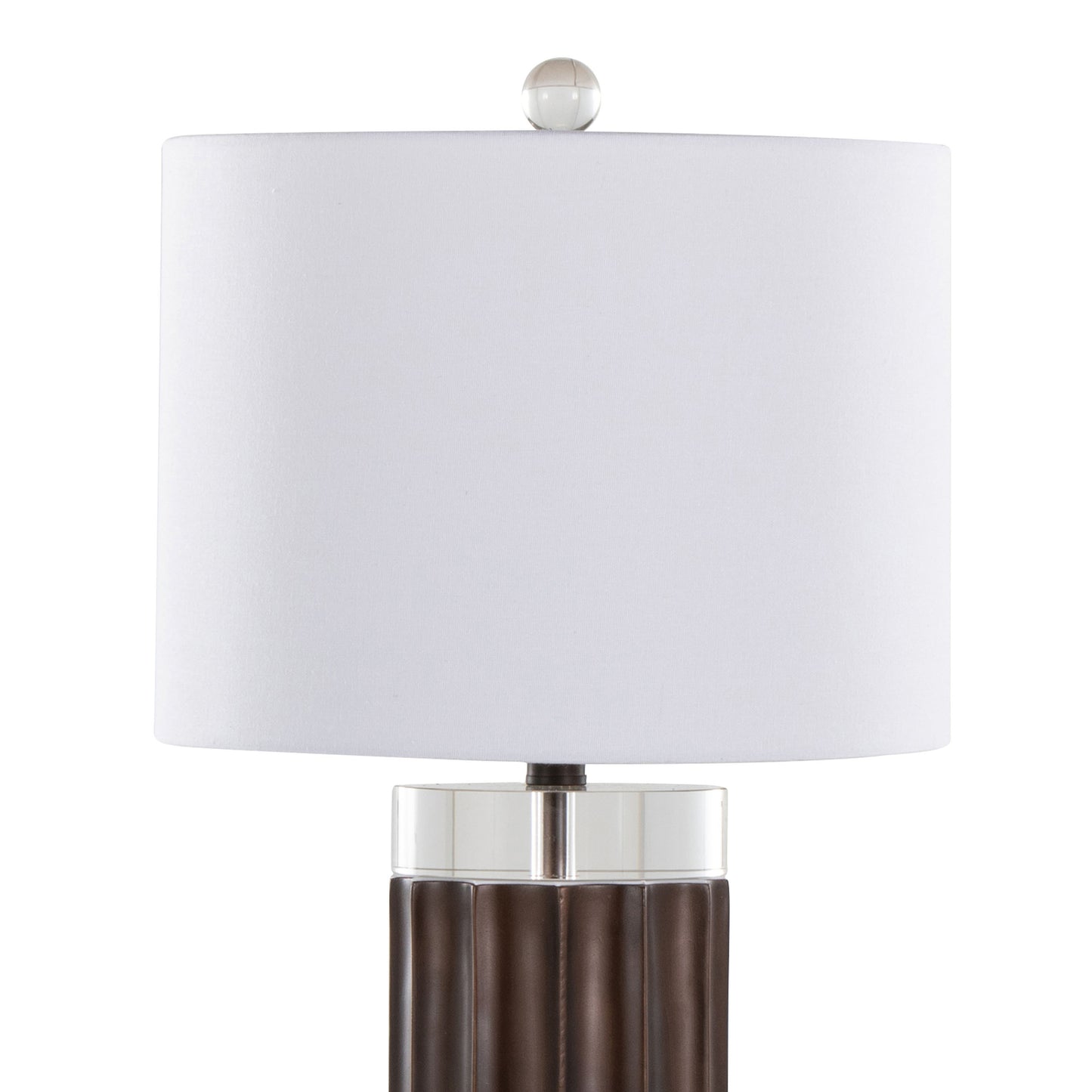 29.25-Inch Fluted Cylinder Table Lamp, Polyresin Base, Crystal Cylinders, White Linen Shade, Brown Lustre